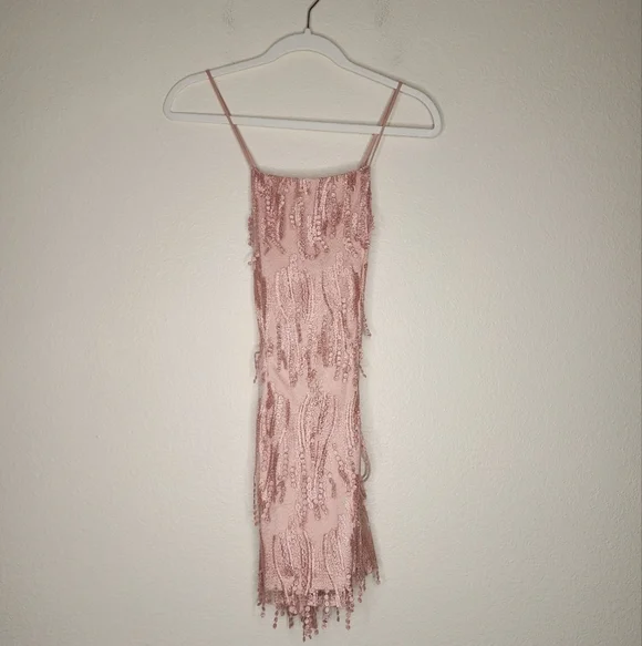 Lulus Making Magic Blush Pink Fringe Lace-Up Mini Dress XS - Picture 2 of 4